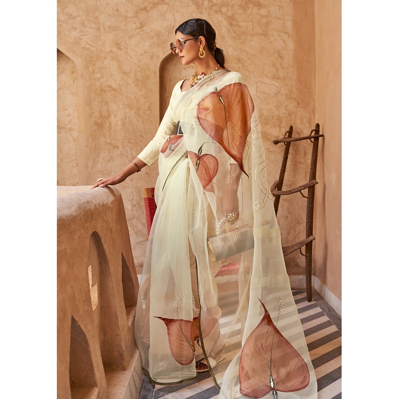 Off White Organza Net Printed Embroidered Classic Indian Saree