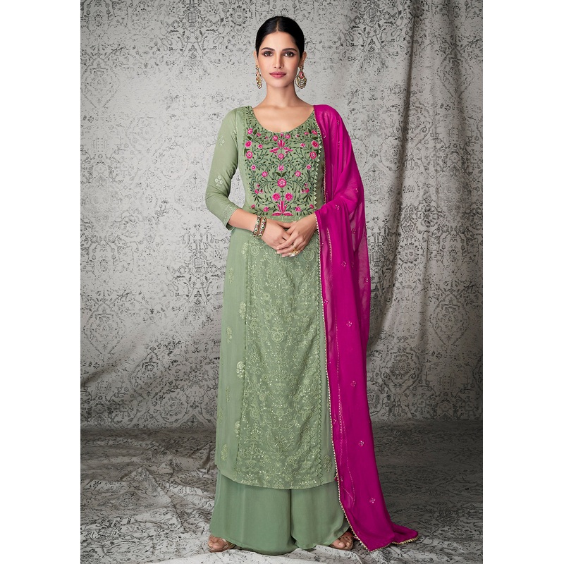 Olive Green Georgette Wedding & Festival Palazzo Suit