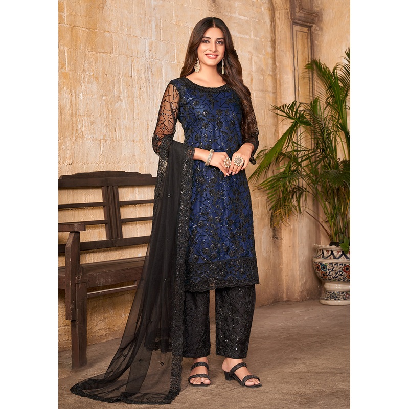 Party Wear Blue Embroidered Net Pant Style Suit