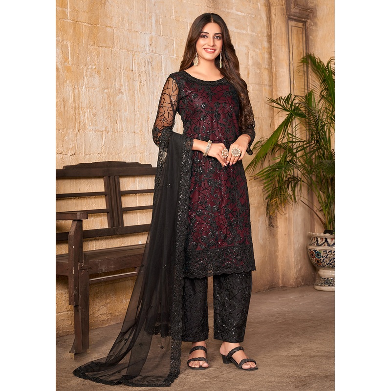 Party Wear Maroon Embroidered Net Pant Style Suit