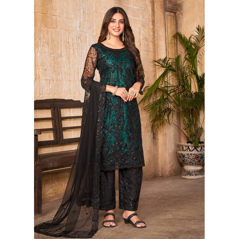 Party Wear Turquoise Embroidered Net Pant Style Suit