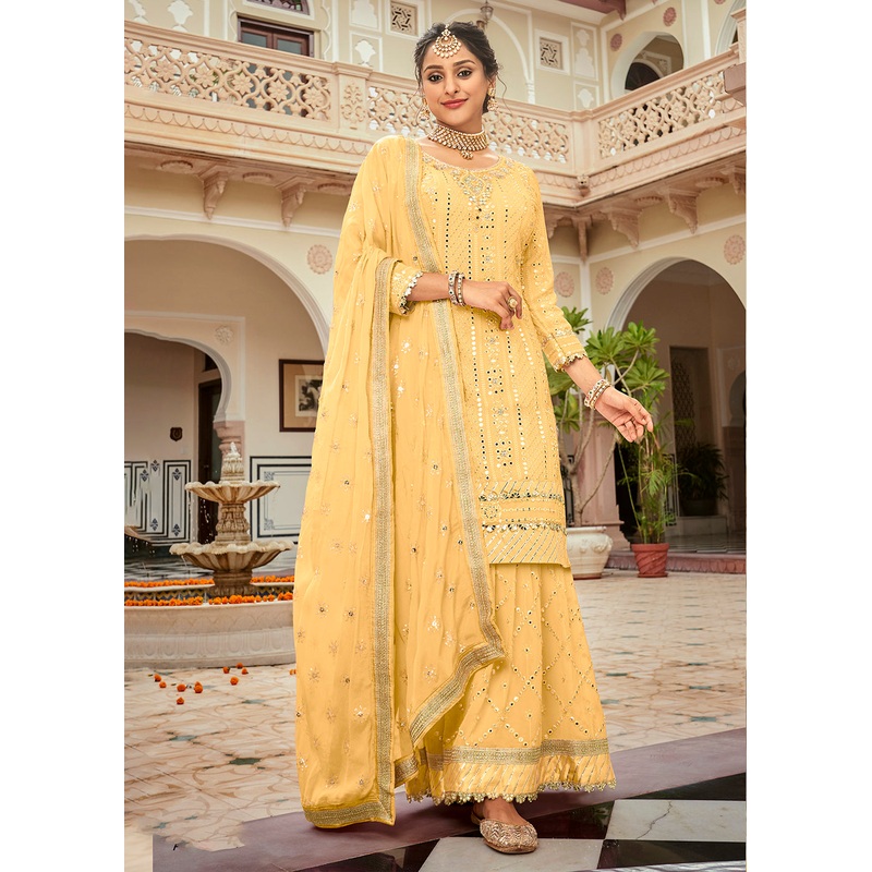 Pastel Yellow Mirror Embellished Wedding Wear Sharara Style Suit