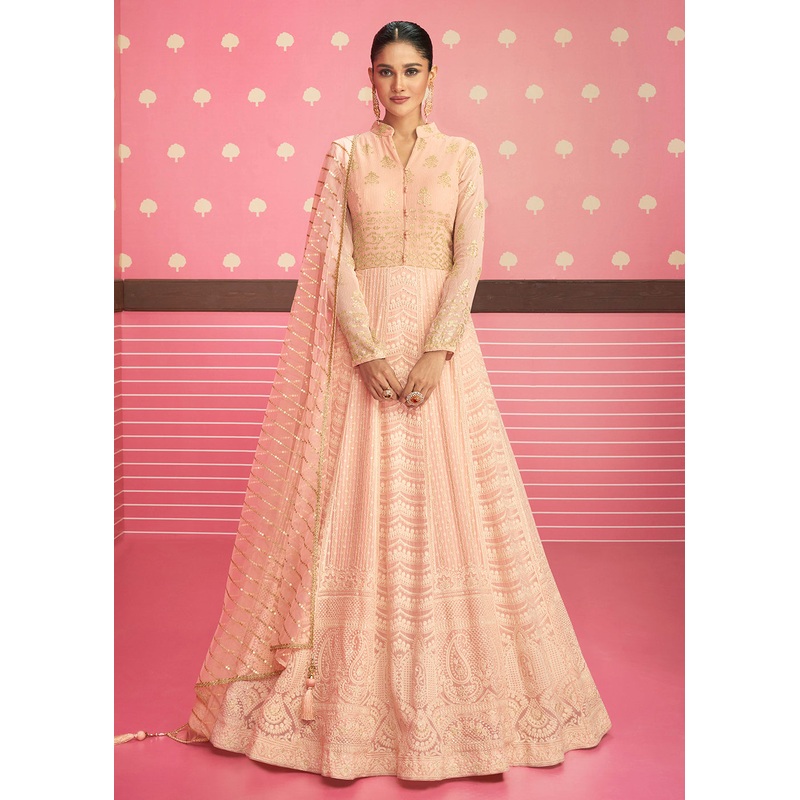 Peach Lucknowi Chikankari Embroidered Bridesmaid Anarkali Suit