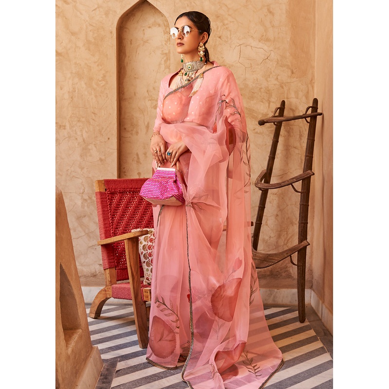 Peach Organza Net Printed Embroidered Classic Indian Saree