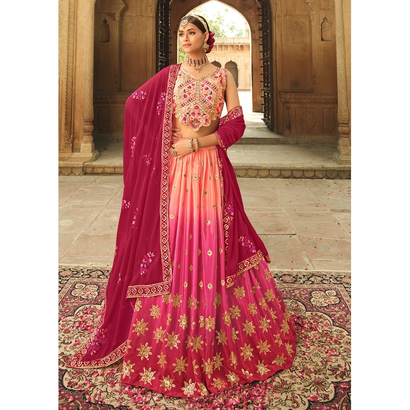 Peach to Pink Multi Color Sequins Festive Lehenga Choli