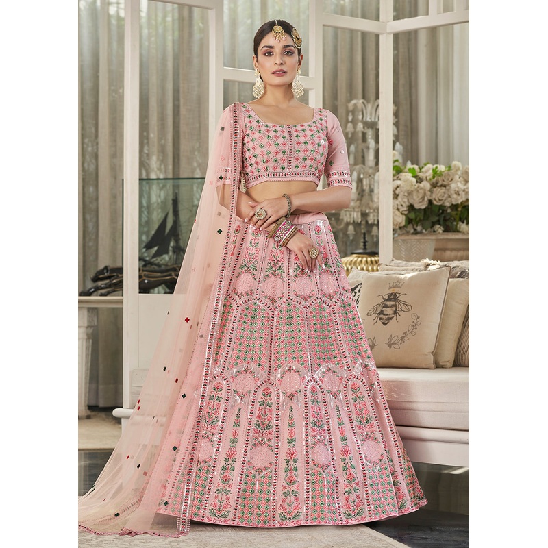 Pink Multi Sequins & Thread Wedding A Line Lehenga