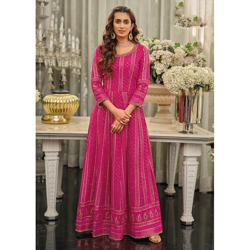 Pink Sangeet Wedding Party Wear Long Anarkali Gown