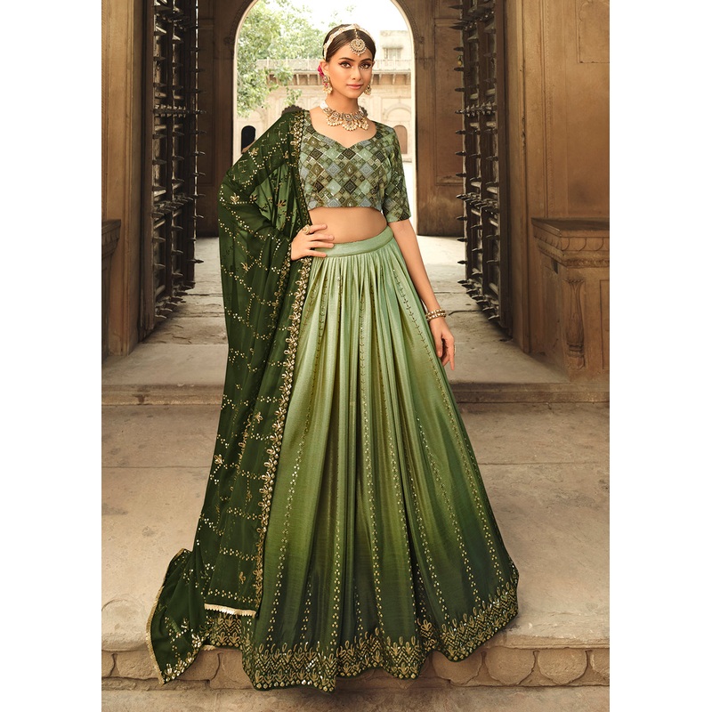 Pista Green to Olive Multi Color Sequins Festive Lehenga Choli