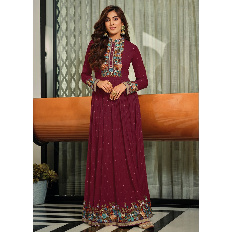 Plum Purple Flower Embroidered Georgette Anarkali Dress