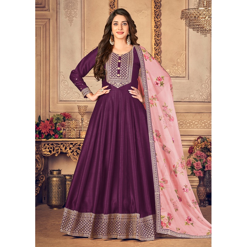 Plum Purple Silk Beautifully Embroidered Floor Length Anarkali