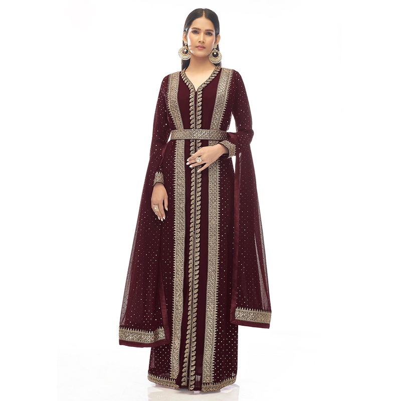 Premium Georgette Anger Red Jacket Style Anarkali Dress