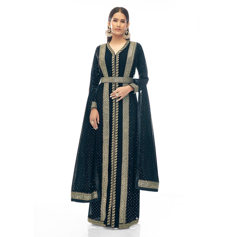 Premium Georgette Hercules Blue Jacket Style Anarkali Dress