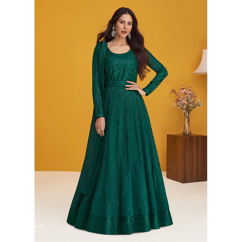 Premium Silk Dark Green Embroidered Wedding Anarkali Suit