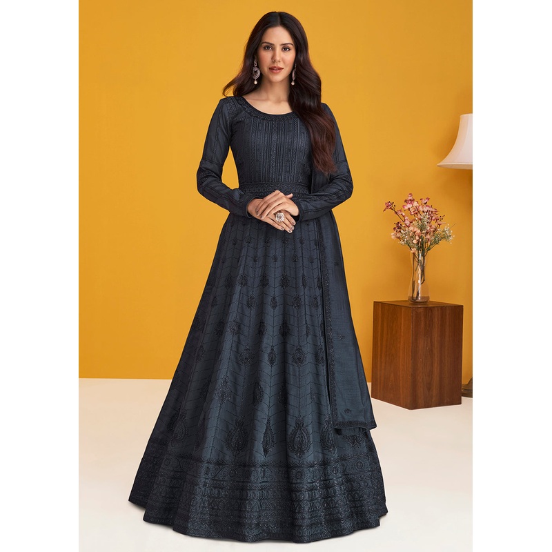 Premium Silk Dark Grey Embroidered Wedding Anarkali Suit