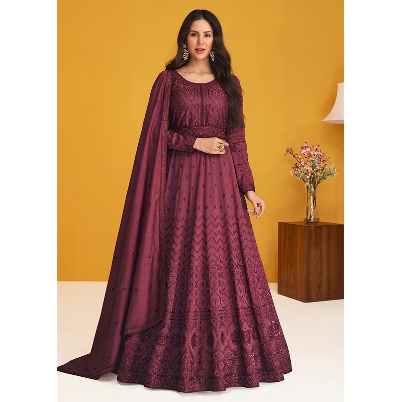 Premium Silk Deep Wine Embroidered Wedding Anarkali Suit