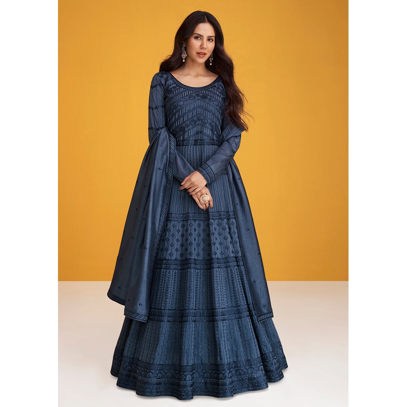 Premium Silk Pigeon Blue Embroidered Wedding Anarkali Suit