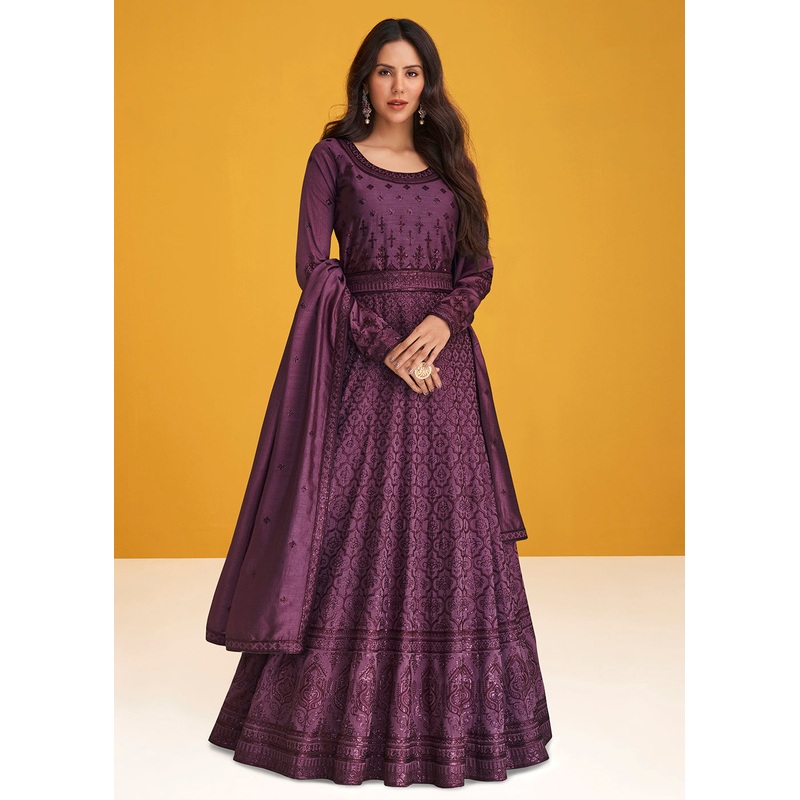 Premium Silk Plum Purple Embroidered Wedding Anarkali Suit