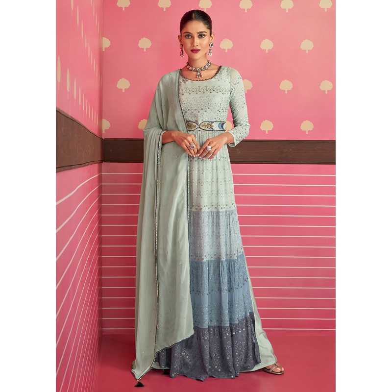 Pretty Multicolor Blue Embroidered Long Palazzo Suit