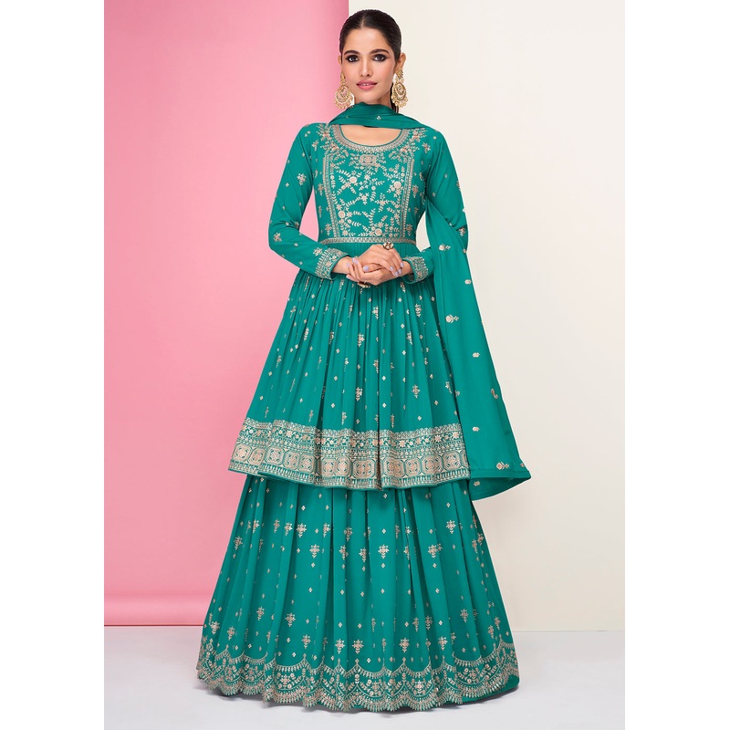 Pretty Turquoise Sharara Top Style Lehenga Anarkali