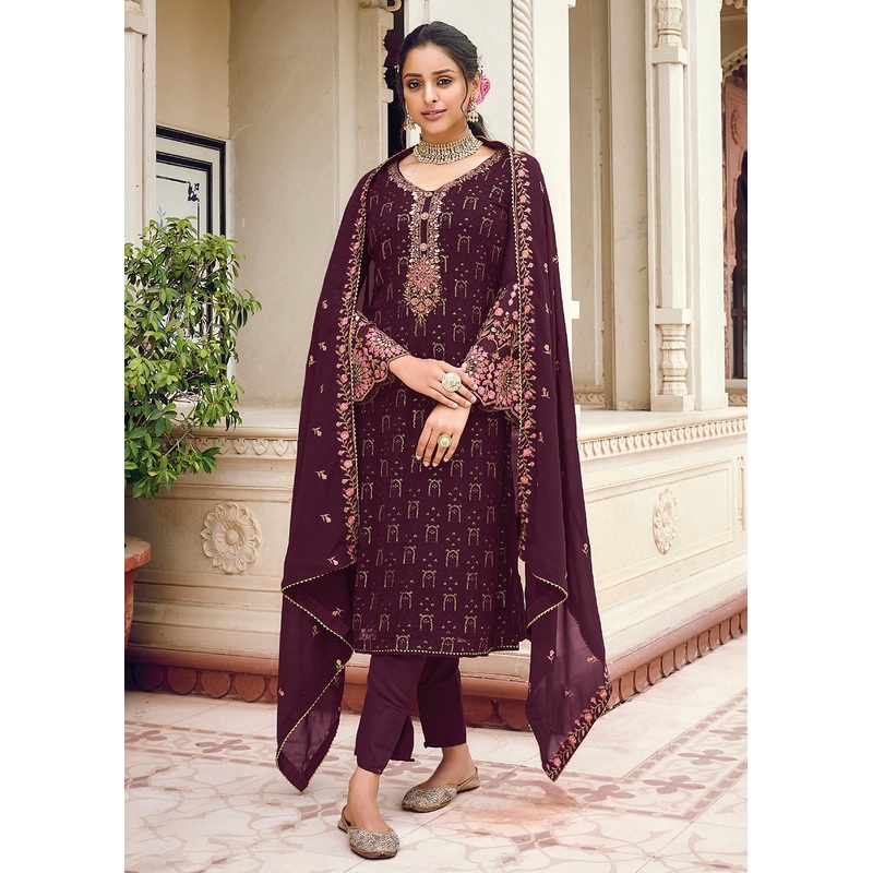 Pretty Wine Embroidered Georgette Ceremonial Salwar Kameez