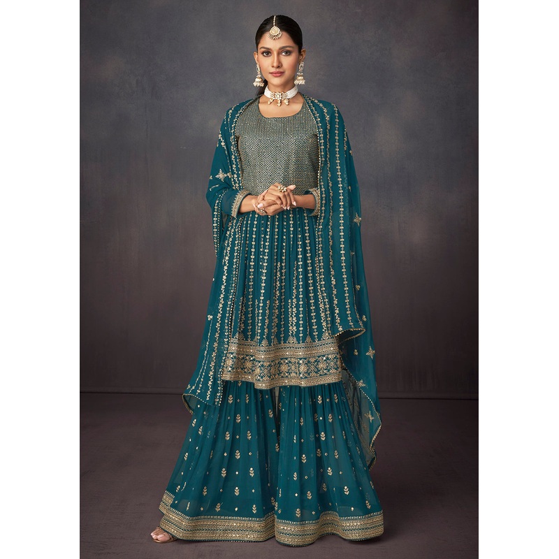 Prussian Blue Georgette Embellished Festive Sharara Suit