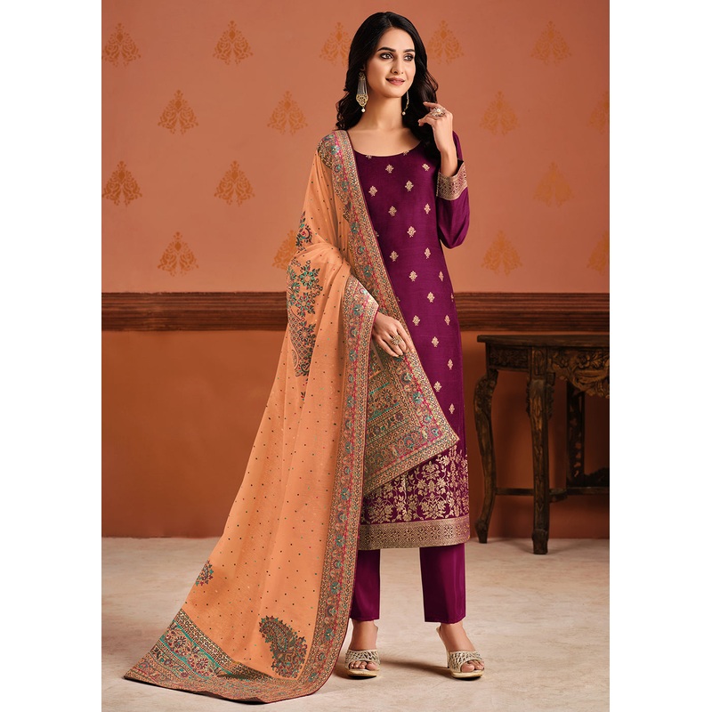 Purple & Peach Silk Jacquard Sangeet Wear Pant Style Suit
