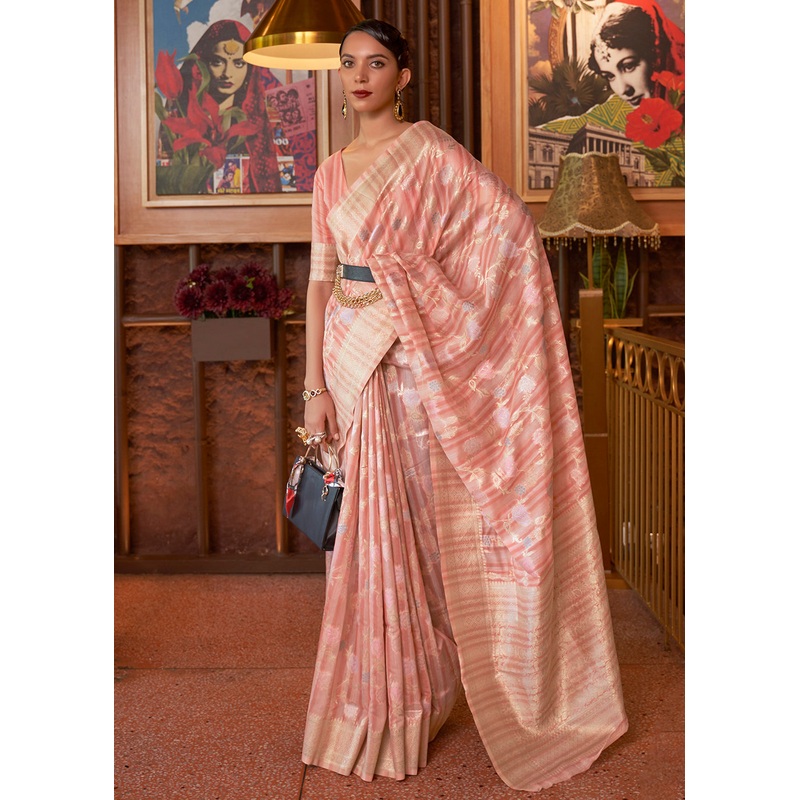 Radiant Peach Linen Fabric Party Wear Weaving Saree