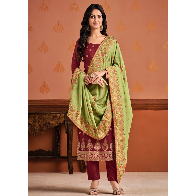 Red & Green Silk Jacquard Sangeet Wear Pant Style Suit