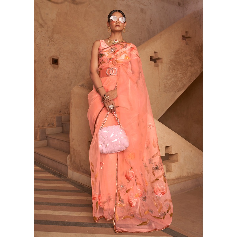 Soft Peach Organza Net Printed Embroidered Classic Indian Saree