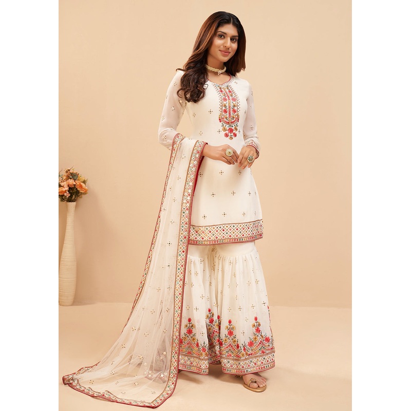 Splendid Off White Wedding Embroidered Sharara Suit