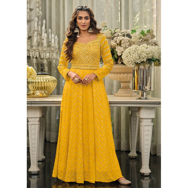 Sunshine Yellow Embellished Chinon Function Anarkali Dress