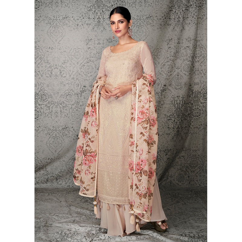 Superior Beige Georgette Wedding & Festival Palazzo Suit