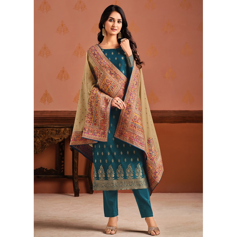 Teal & Beige Silk Jacquard Sangeet Wear Pant Style Suit