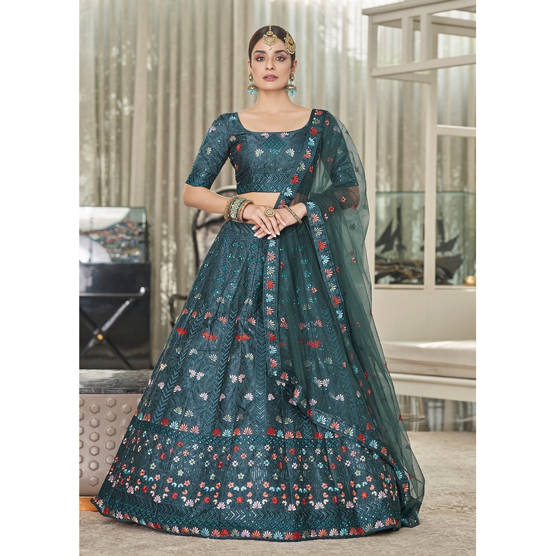 Teal Green Multi Sequins & Thread Wedding A Line Lehenga