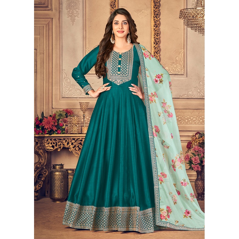 Teal Green Silk Beautifully Embroidered Floor Length Anarkali