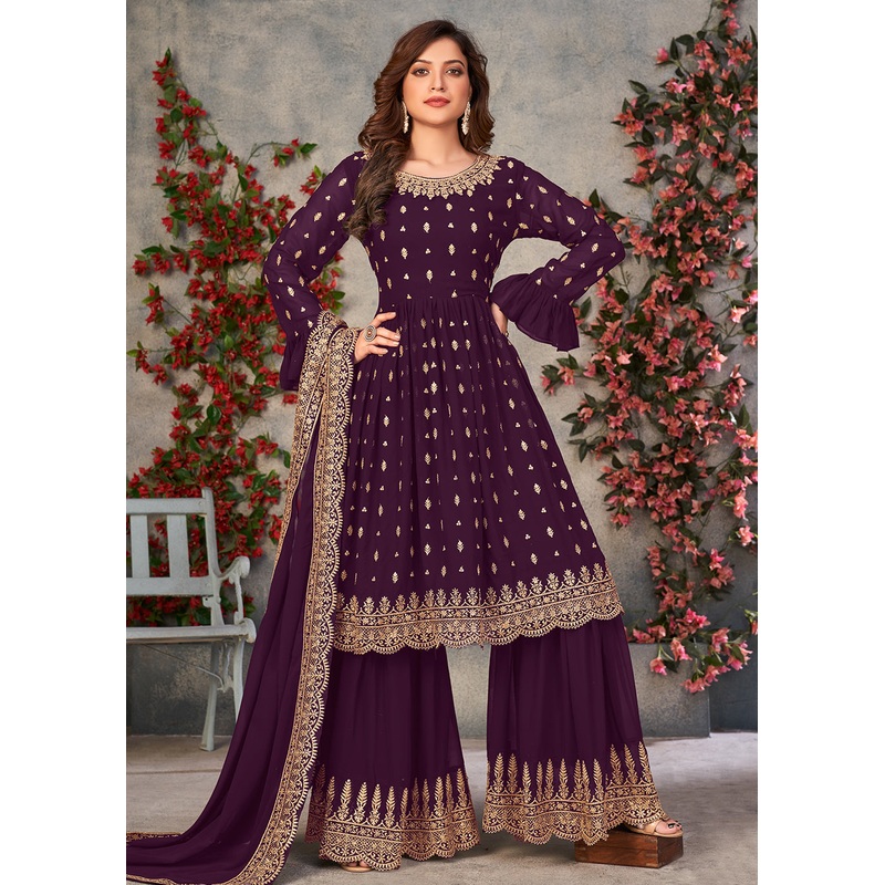 Tempting Purple Georgette Sangeet Wear Sharara Suit