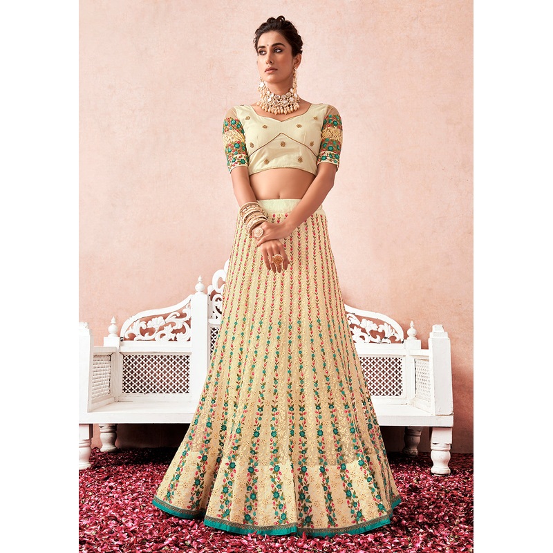 Traditional Light Cream Kalidar Embroidered Net Lehenga Choli