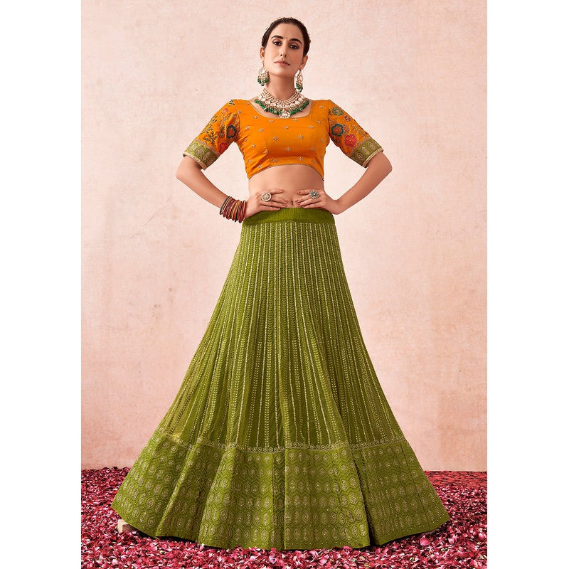 Traditional Olive Green Kalidar Embroidered Net Lehenga Choli