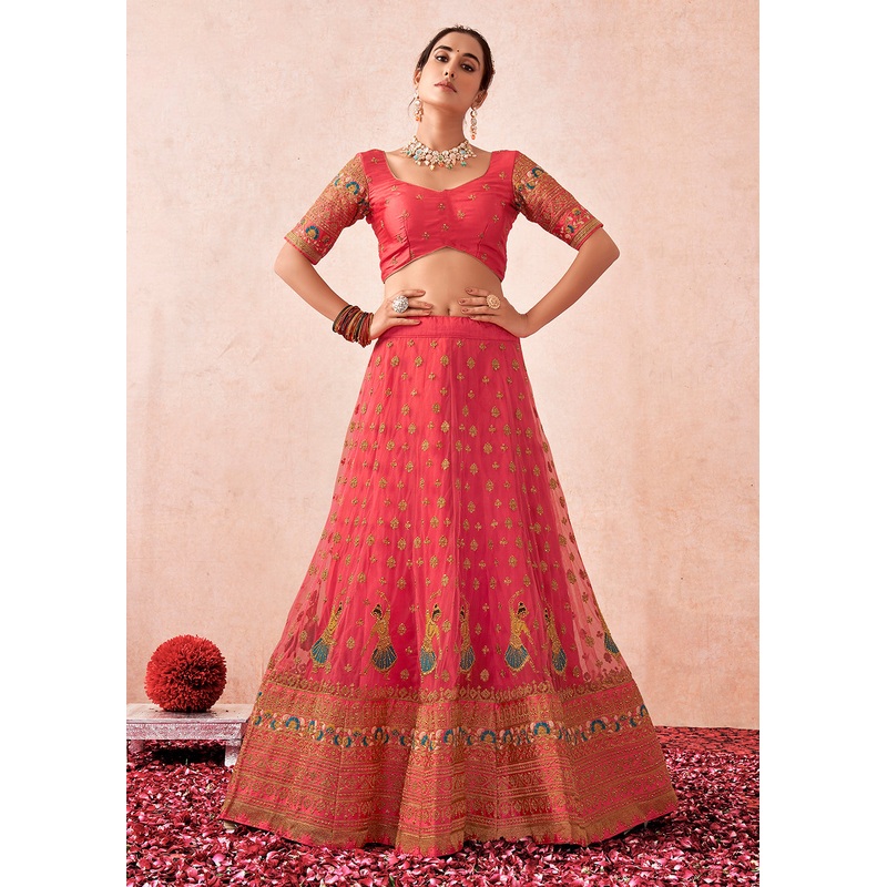 Traditional Peach Coral Kalidar Embroidered Net Lehenga Choli