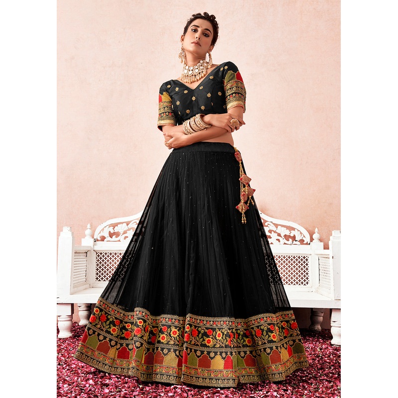 Traditional Regal Black Kalidar Embroidered Net Lehenga Choli