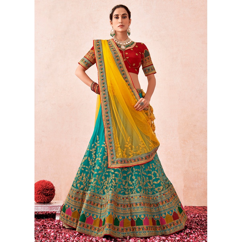 Traditional Turquoise & Maroon Kalidar Embroidered Net Lehenga Choli