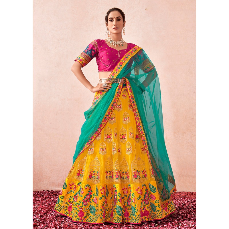 Traditional Yellow & Magenta Kalidar Embroidered Net Lehenga Choli