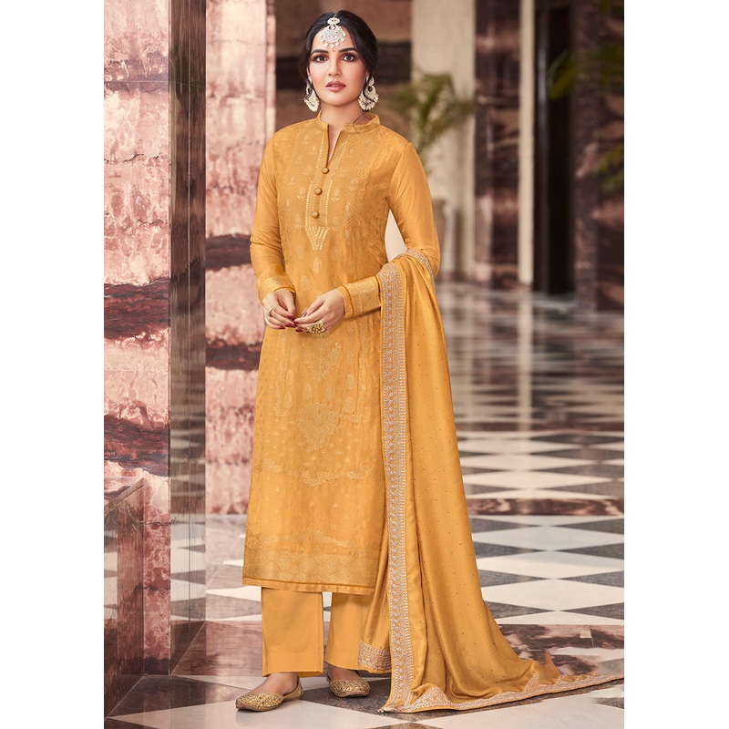 Vibrant Mustard Dola Silk Jacquard Festival Salwar Kameez