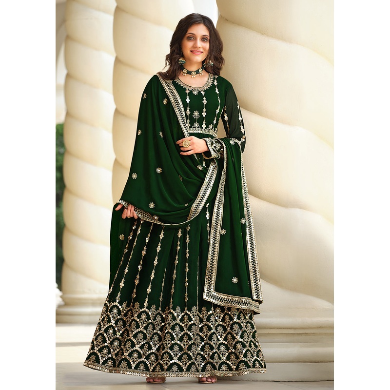Vintage Dark Green Sequins Wedding Pant Style Anarkali