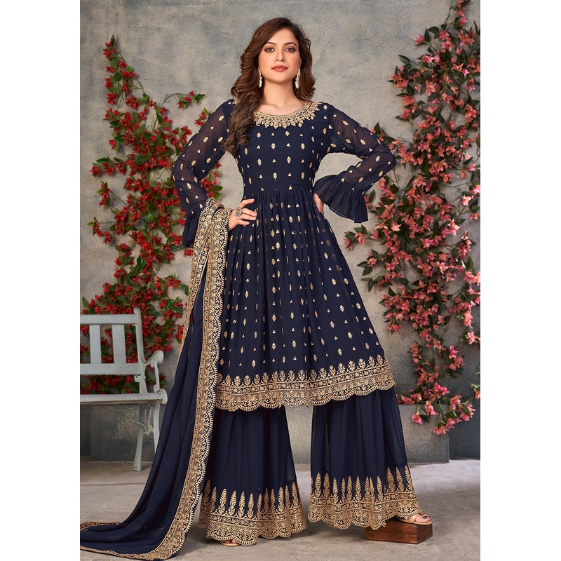 Vintage Navy Blue Georgette Sangeet Wear Sharara Suit