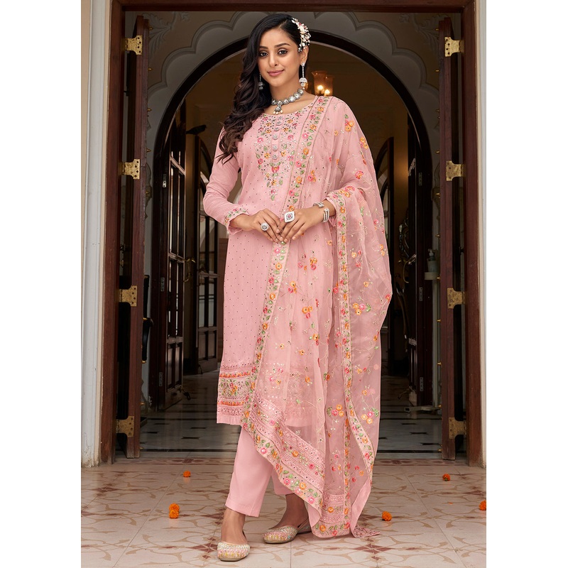 Viscose Silk Embroidered Awesome Pink Pant Salwar Suit