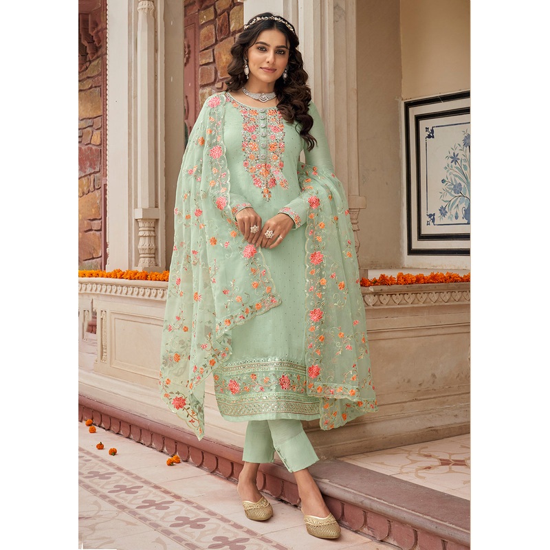 Viscose Silk Embroidered Radiant Pastel Green Pant Salwar Suit