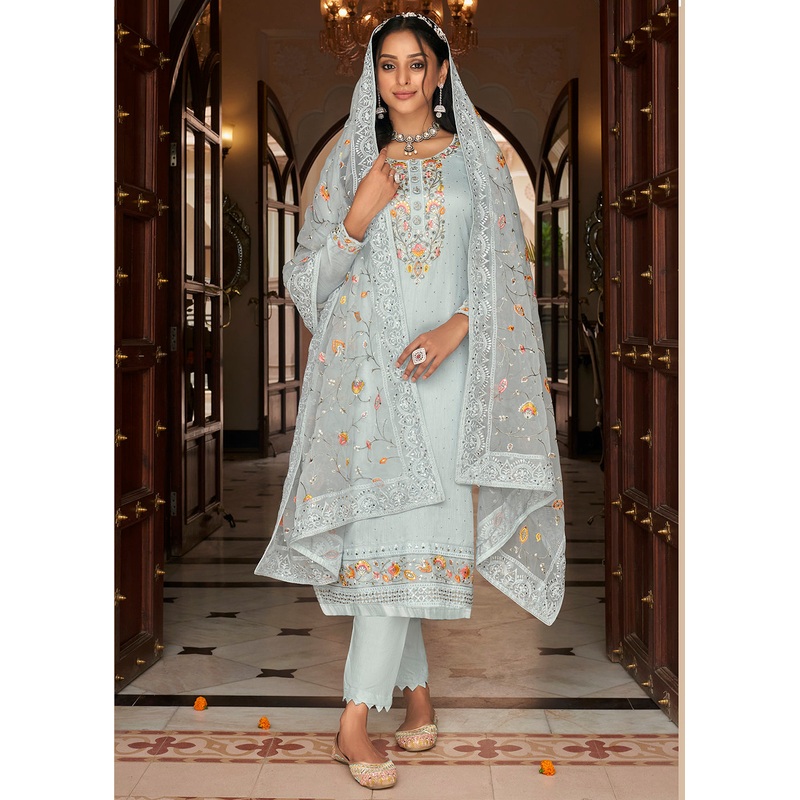 Viscose Silk Embroidered Spectacular Soft Blue Pant Salwar Suit