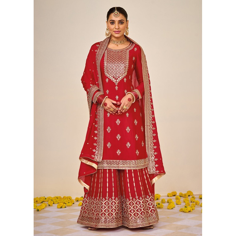 Wedding Festival Red Embroidered Palazzo Salwar Suit