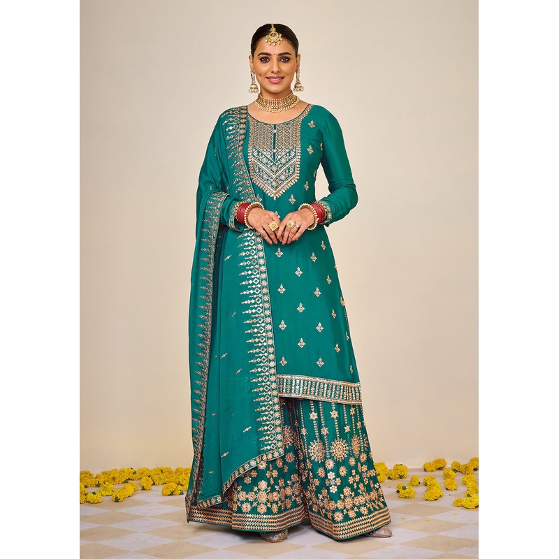 Wedding Festival Teal Embroidered Palazzo Salwar Suit
